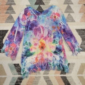 Art To Wear Mushka Sienna Rose Small Tunic Fringed Cut Outs Hem Bell Sleeves